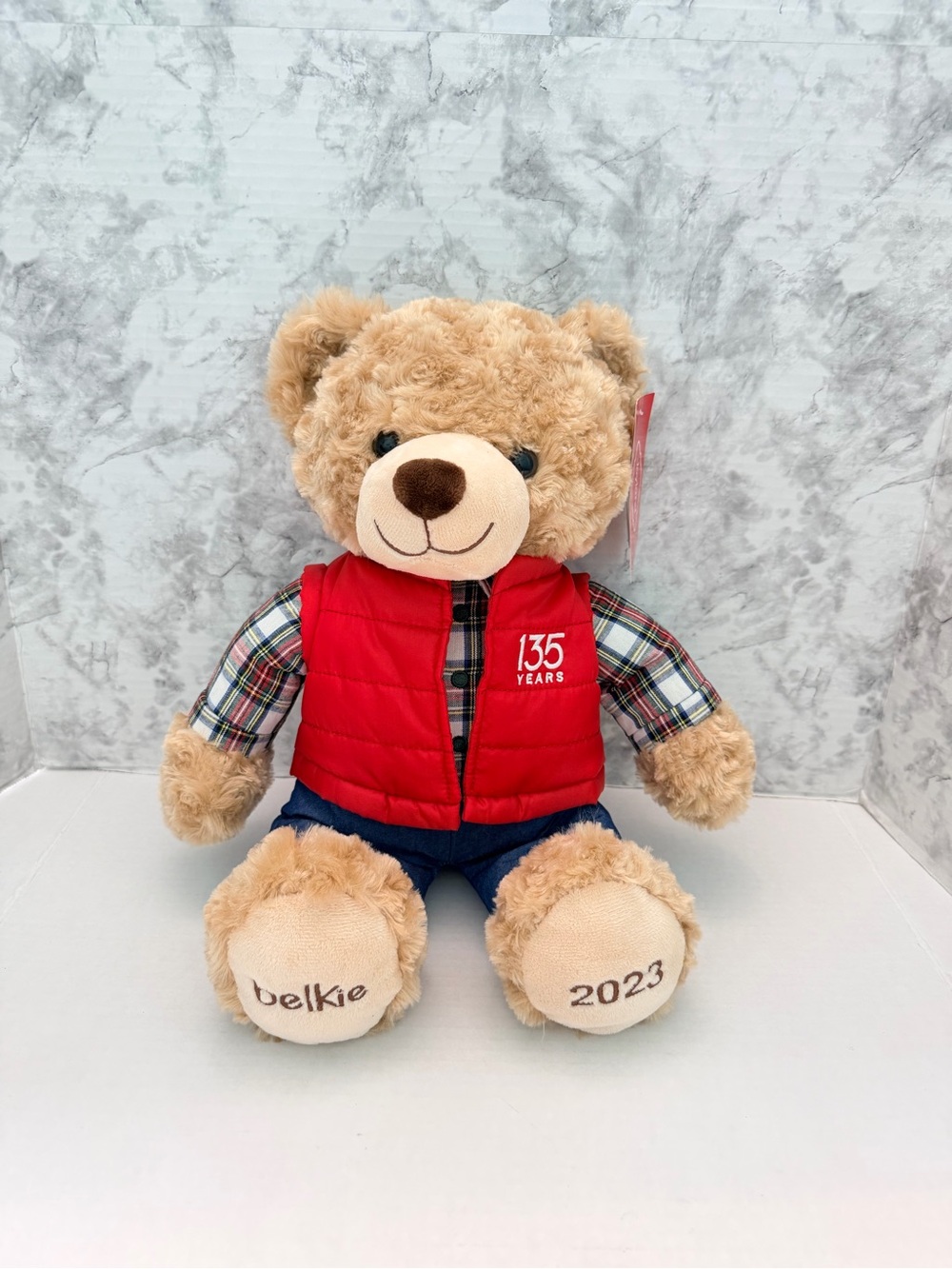 Belkie Plush Teddy Bear with Red Vest and Plaid Shirt